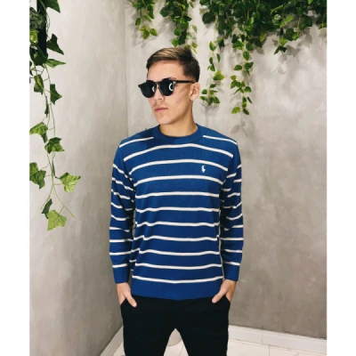 Suéter Masculino Ralph Lauren | Listrado Cinza com Azul | Produto Importado | Autenticidade e Estilo Premium